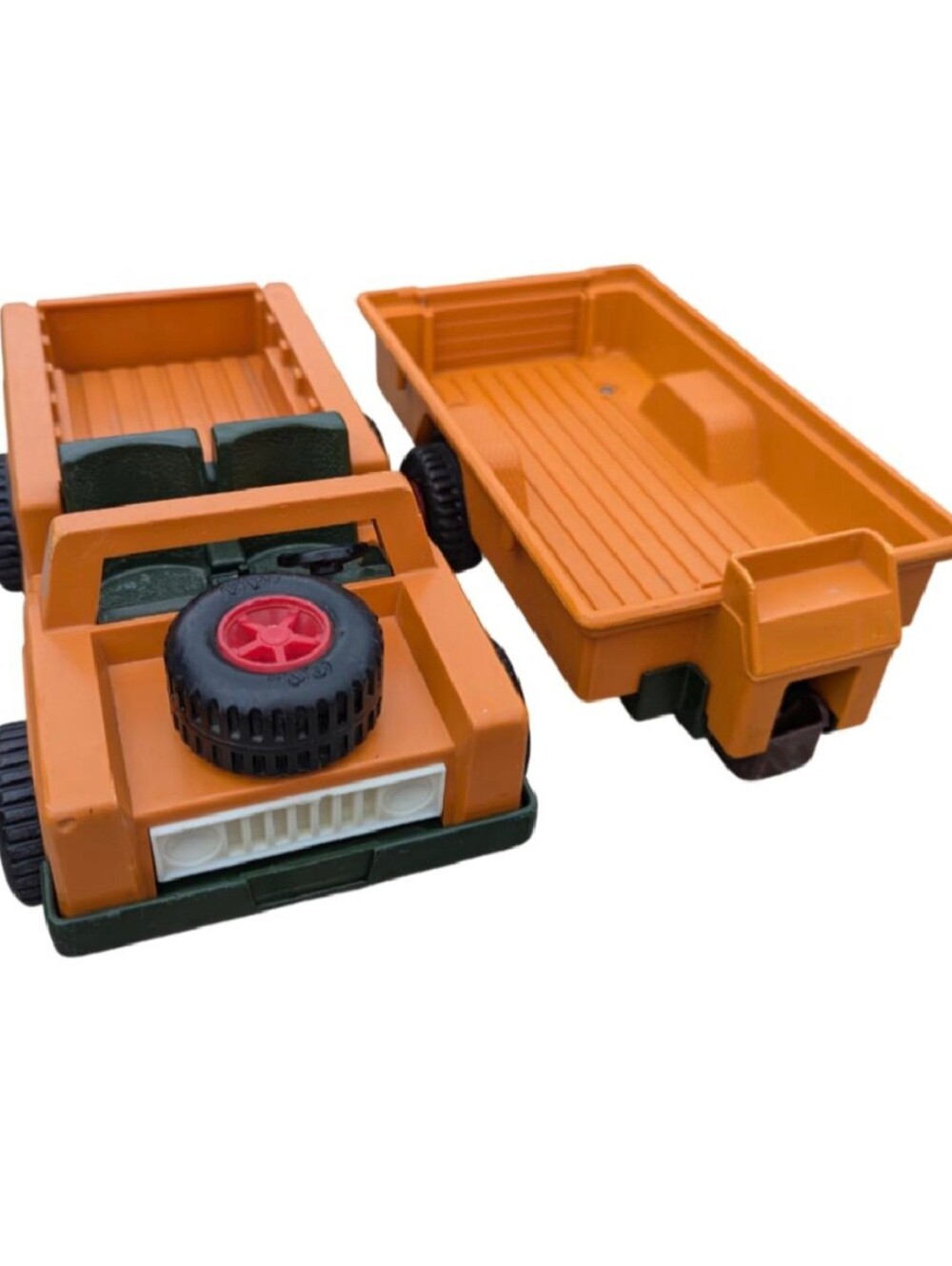 VTG 1975 Orange Kids Toy Jeep Pickup Truck with Trailer - Durable Play Vehicle